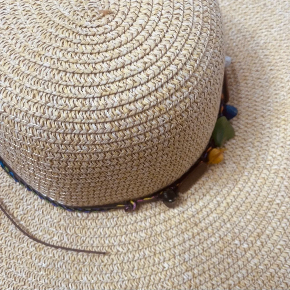 Bohemian Large straw hat with beading detailing with chin strap and bow tie
